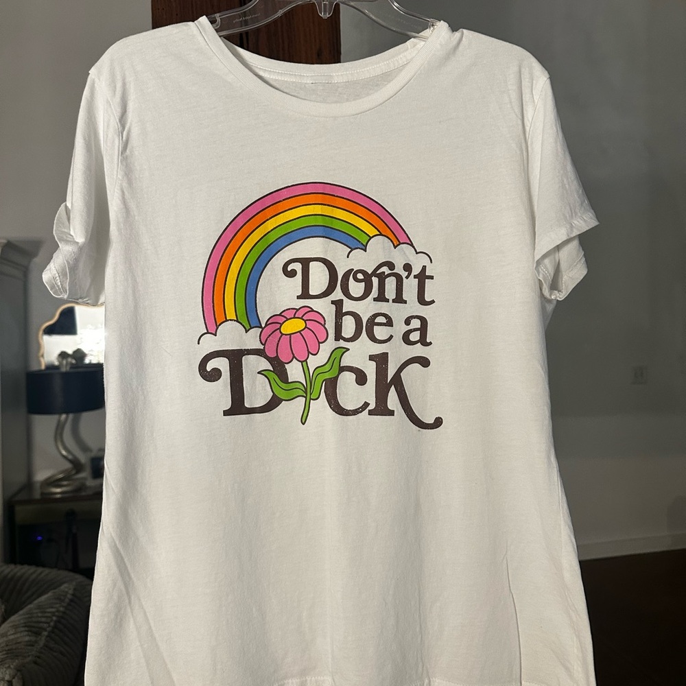 White Graphic Tee with Rainbow and Flower